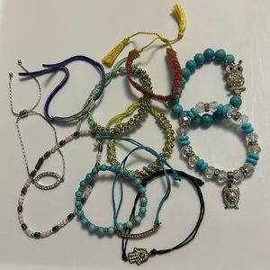 Lot of 11 Handmade Bracelets - Blue Leather Wrap Hand Stamped & Beaded